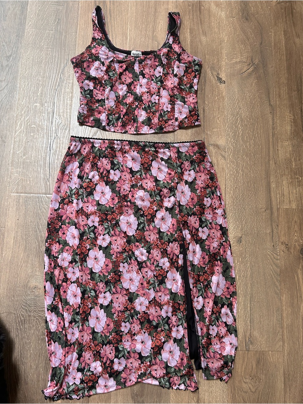ARULA Floral Crop Top & Skirt Set in Pink & Black